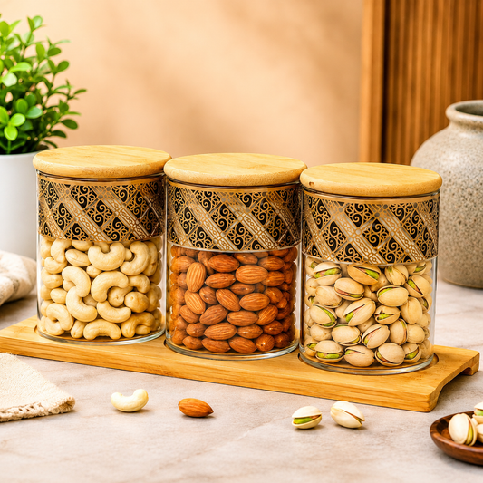 Premium Borosilicate Glass Storage Containers Set of 3 (850 ML Each) with Bamboo Lid & Decorative Design | Airtight Kitchen Storage Jars for Dry Fruits, Snacks, Tea, Coffee & Pantry Organization , Microwave safe