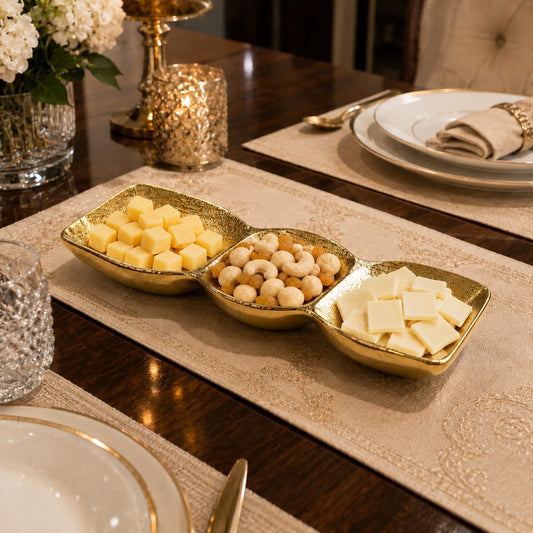 Luxury Golden 3-Section Serving Platter | Elegant Snack & Dry Fruit Server
