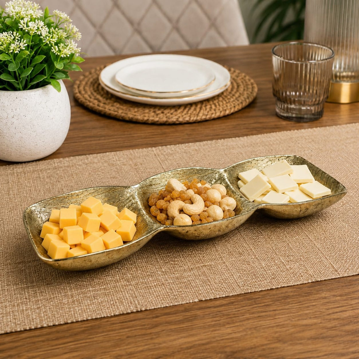 Luxury Golden 3-Section Serving Platter | Elegant Snack & Dry Fruit Server