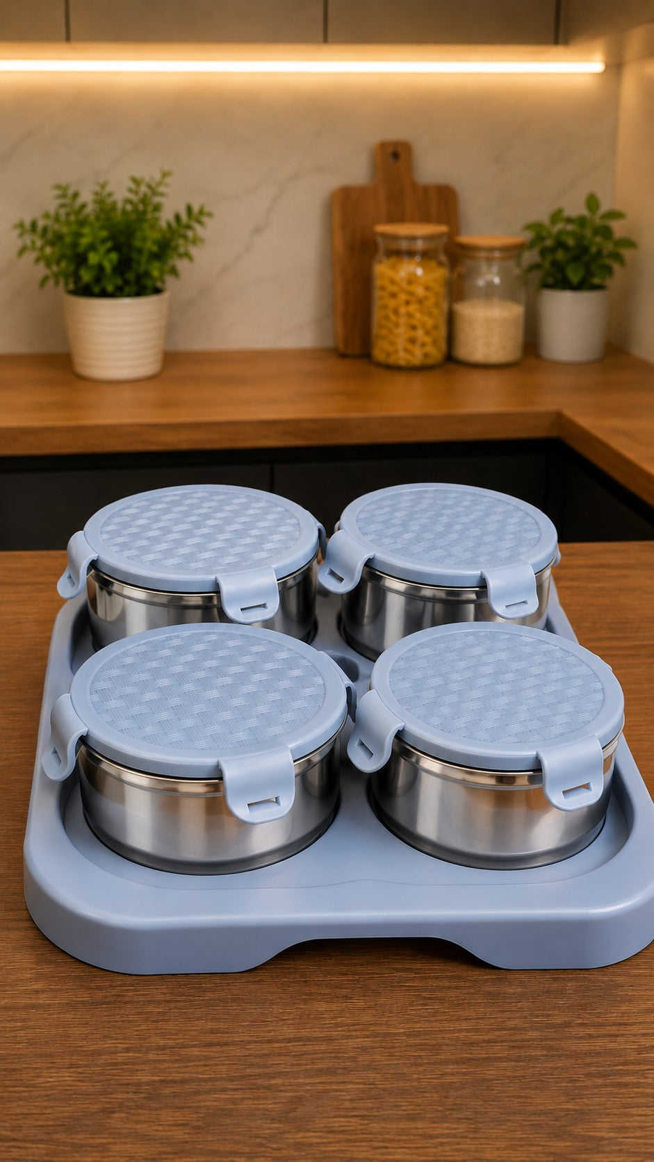 Premium Stainless Steel Container Set with Tray | Set of 4 Airtight Food Storage Containers for Snacks, Dry Fruits, Pickles & Kitchen Organization
