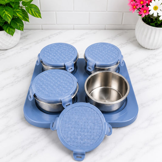 Premium Stainless Steel Container Set with Tray | Set of 4 Airtight Food Storage Containers for Snacks, Dry Fruits, Pickles & Kitchen Organization
