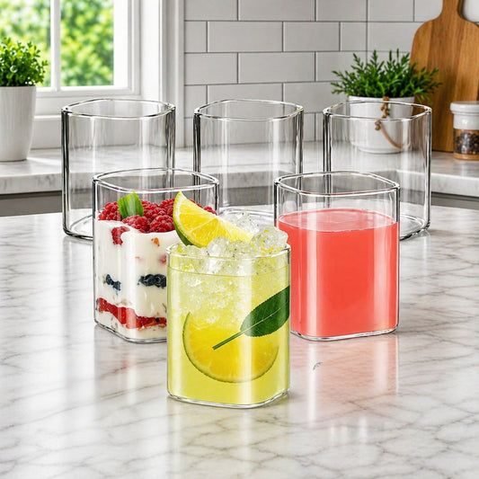 Borosilicate Drinking Glass Set of 6 | 230 ml Modern Square Glass Tumblers | Perfect for Water, Juice, Milk, Soft Drinks, Smoothies &Beverages
