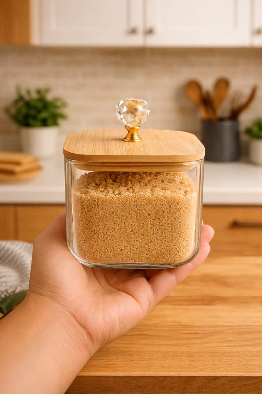 CP Glass Storage container Set of 4 (300ml Each) with Wooden Lids & Wooden Tray | Kitchen Organizer for Fruits, Candy, Spices & Dry Fruits