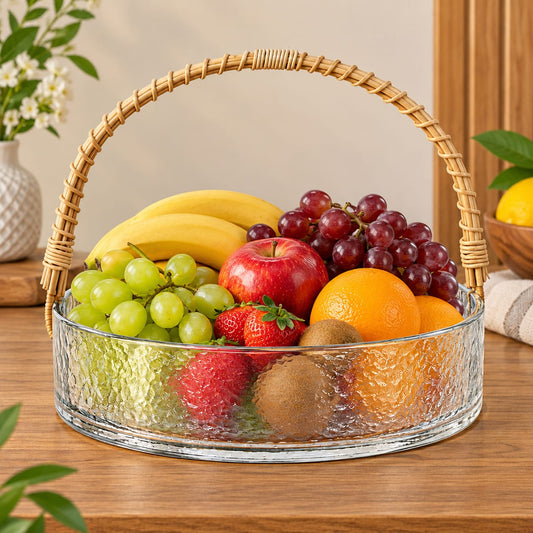 Textured Glass Fruit Basket with Natural Woven Handle
