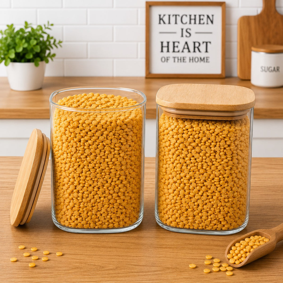 CP Crockery Premium 1050 ML Square Glass Storage Container Set of 2 with Wooden Lid, Multipurpose Kitchen Containers for Dry Fruits, Namkeen, Tea, Coffee, Cookies, Snacks & Pantry Storage