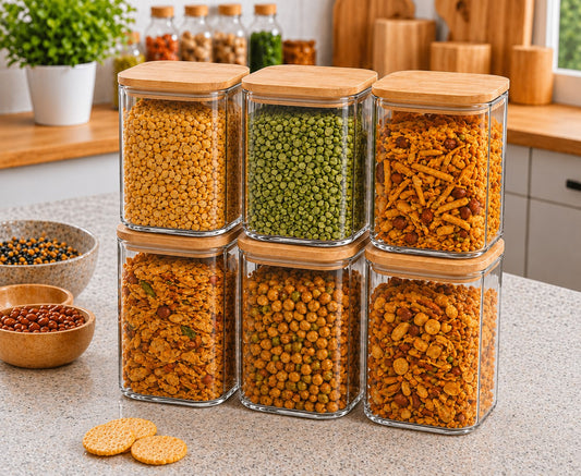 CP Premium Kitchen Storage Containers Set of 6 | 1050 ML Glass Canisters with Wooden Lids for Pantry, Cereals, Pasta, Pulses, Cookies & Snacks
