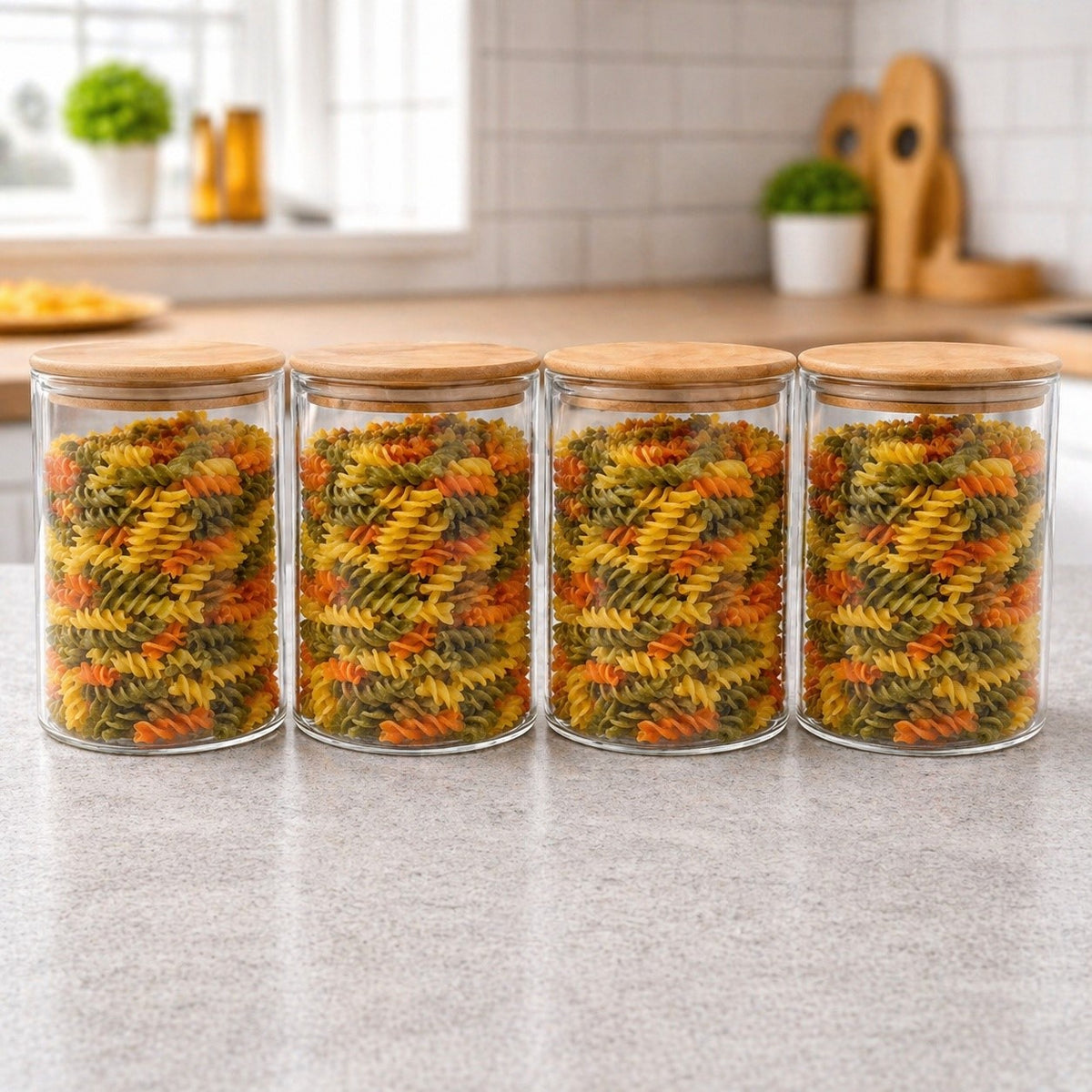 CP Glass Storage Containers Set of 4, 1050ML Each, Transparent Glass Kitchen Storage Jars with Lids, Pantry Organizer for Pasta, Cereals, Snacks, Pulses & Dry Fruits