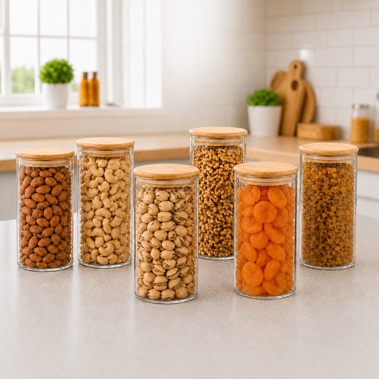 CP Set of 6 Round Glass Storage Containers 1400ml Each with Wooden Lid | Premium Kitchen Storage Jars | Food Grade Glass Canisters for Dry Fruits, Cereals, Pulses, Snacks & Pantry Organization
