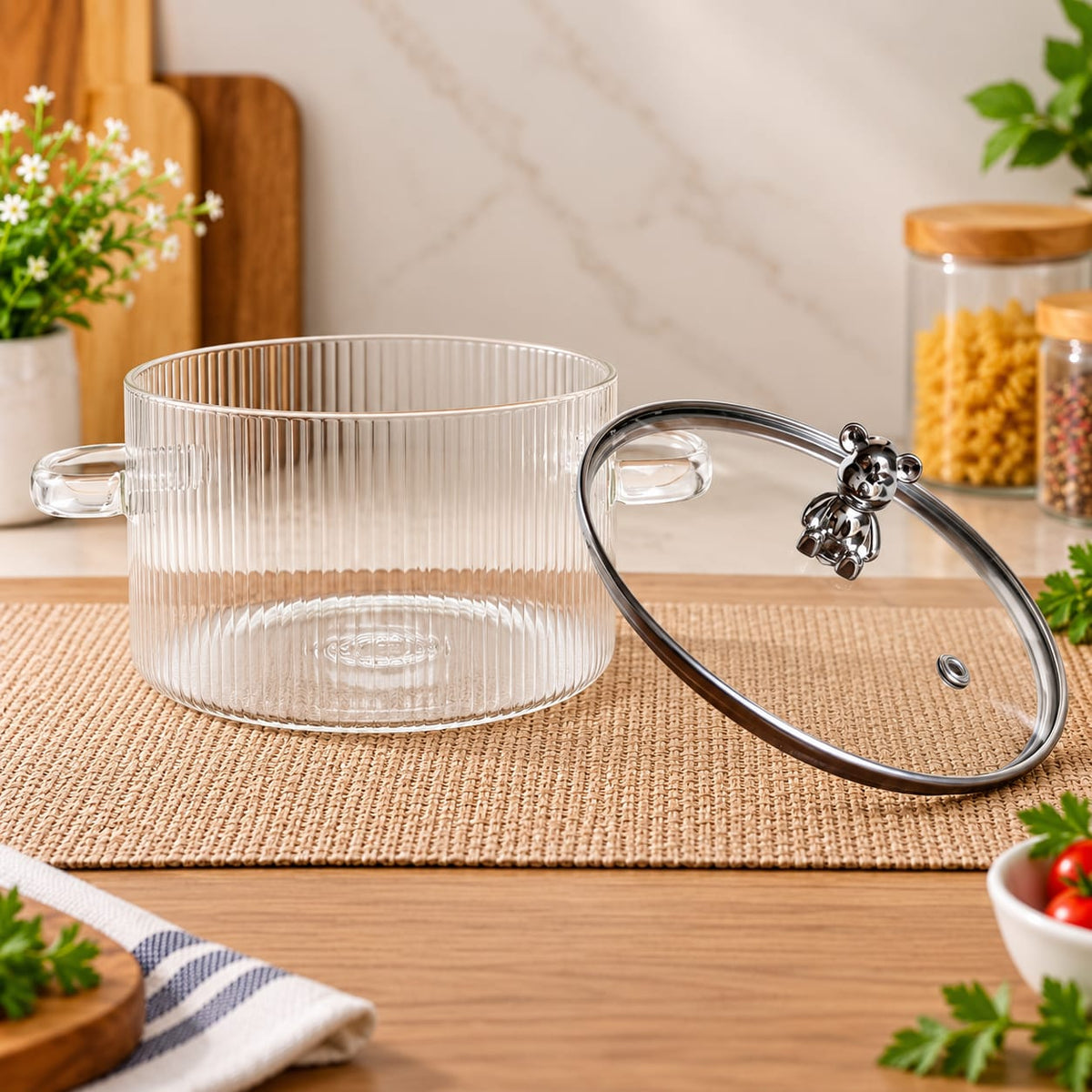 Ribbed Glass Cooking Pot with Lid | Dual Handle Glass Casserole 2000 ml
