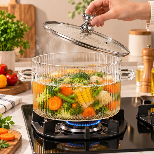 Ribbed Glass Cooking Pot with Lid | Dual Handle Glass Casserole