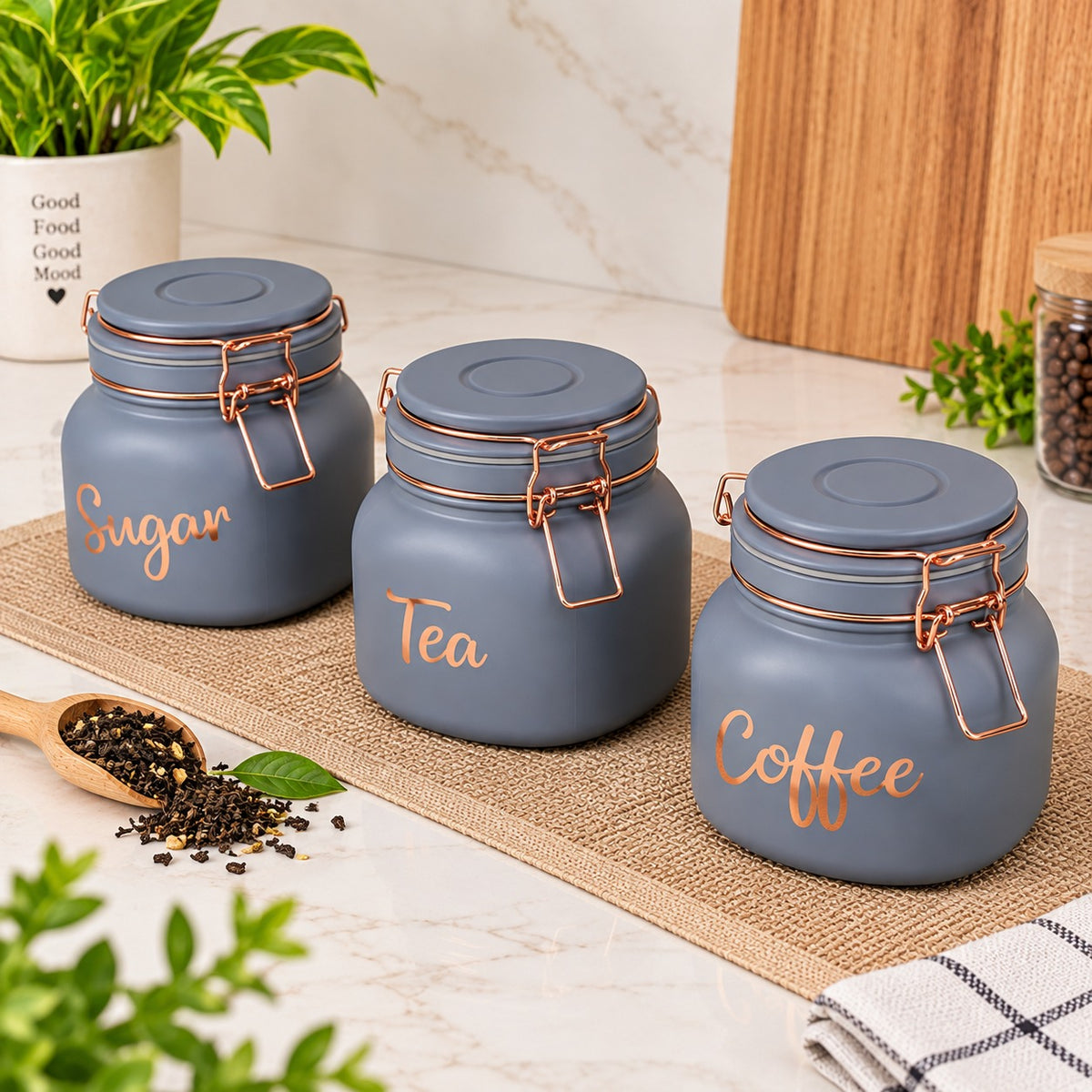 Premium Sugar, Tea & Coffee Storage Canister Set of 3 | Grey Clamp-Lid Kitchen Jars