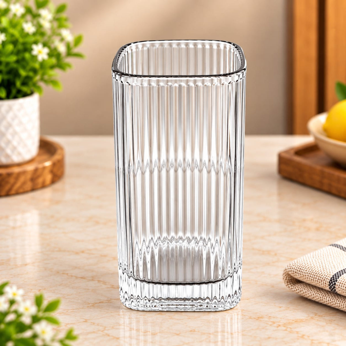 Elegant Ribbed Glass Tumbler Set – 6 Pcs