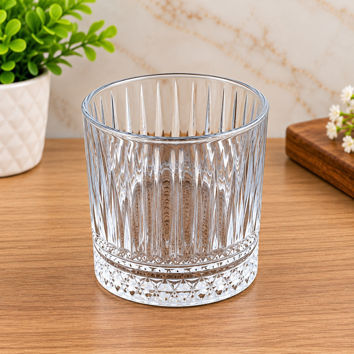 Ribbed Glass Tumbler Set of 6 | Clear Drinking Glasses with Decorative Base