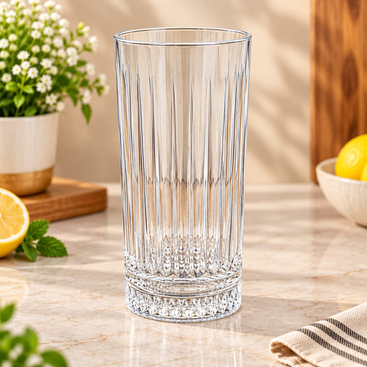 Highball Ribbed Drinking Glasses – Set of 6