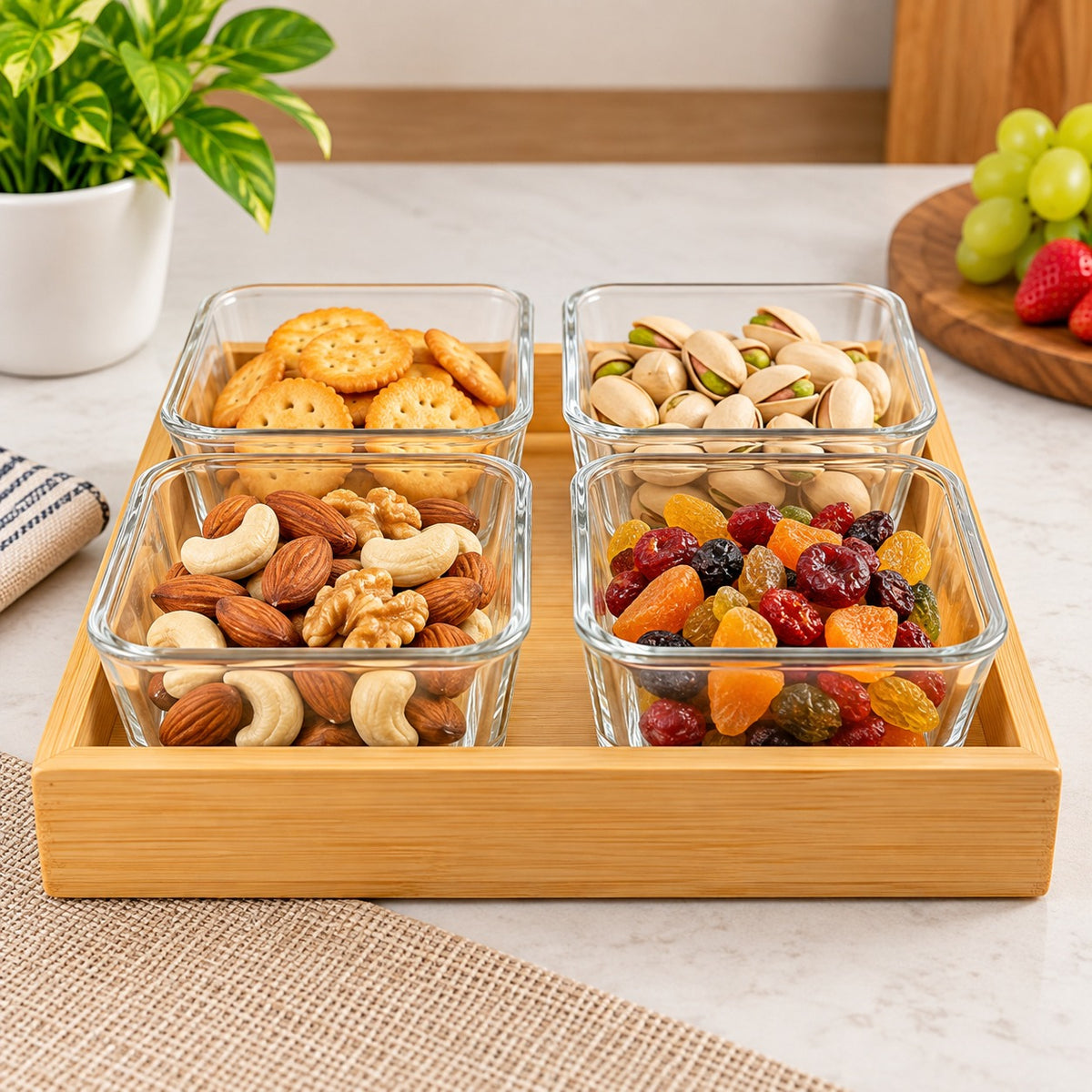 4-Piece Glass Bowl Set with Bamboo Serving Tray