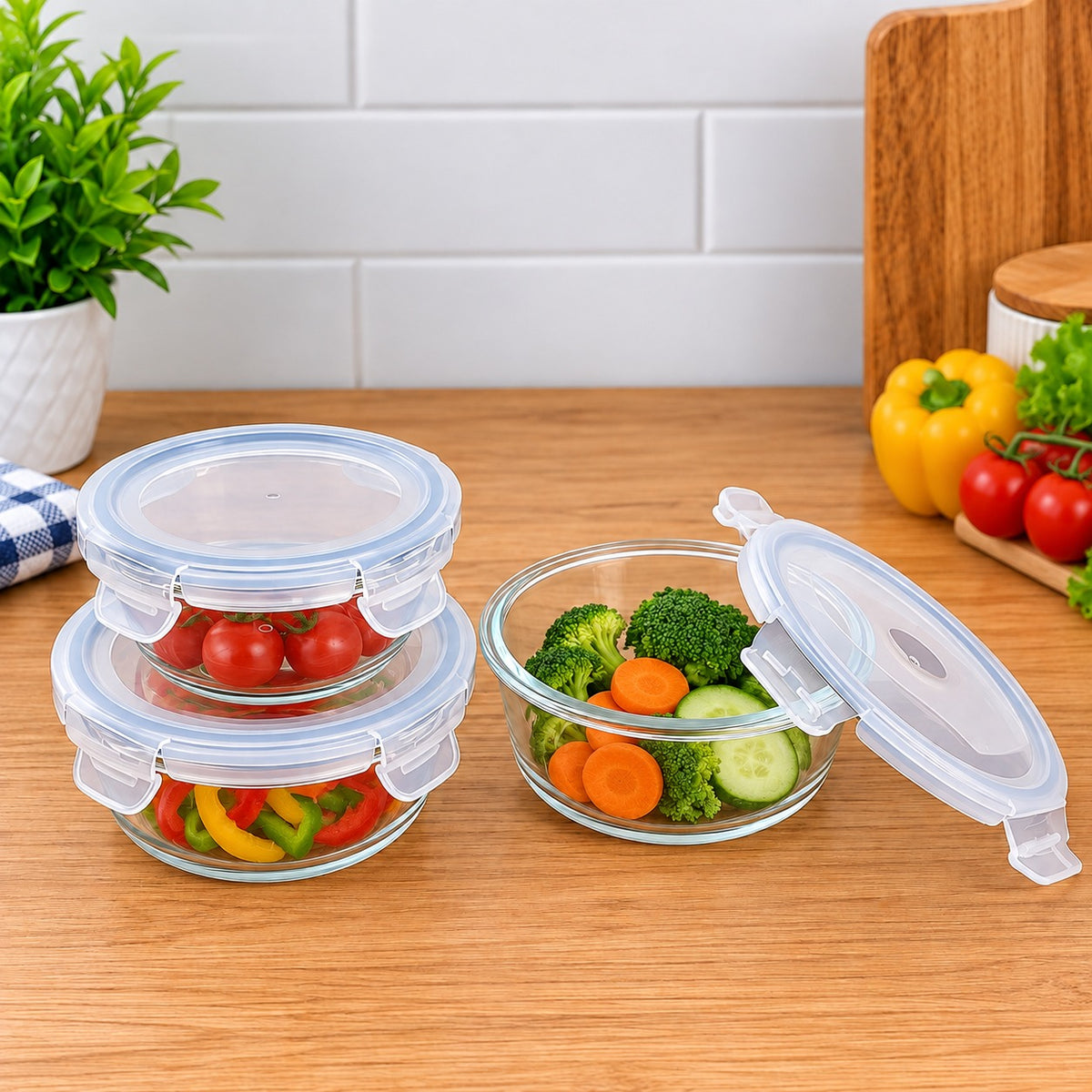 Round Glass Food Storage Container Set of 3 | 860ML + 580ML + 400ML with Locking Lids