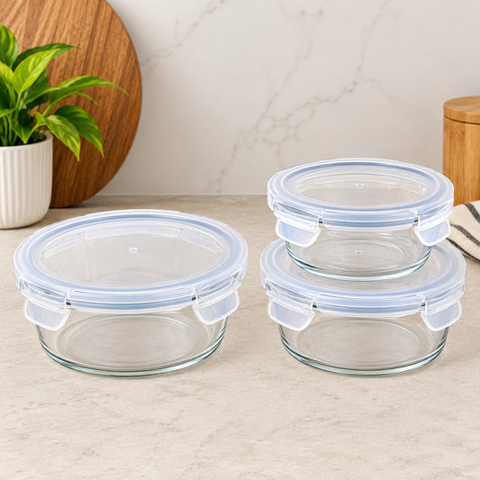 Round Glass Food Storage Container Set of 3 | 860ML + 580ML + 400ML with Locking Lids