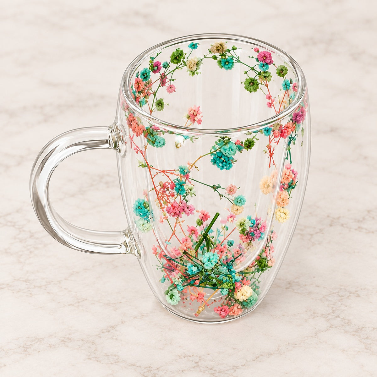 Floral Double Wall Glass Mug 350ML – 1 Pc