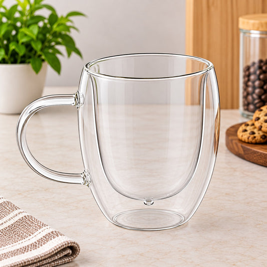 250ML Double Wall Glass Coffee Mug with Handle – 1 Pc | Clear Tea & Coffee Cup