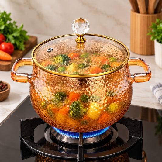 Premium Textured Glass Cooking Pot with Golden Lid & Handles