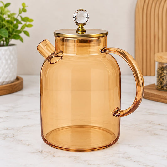 Elegant Amber Glass Water Jug with Golden Lid & Handle