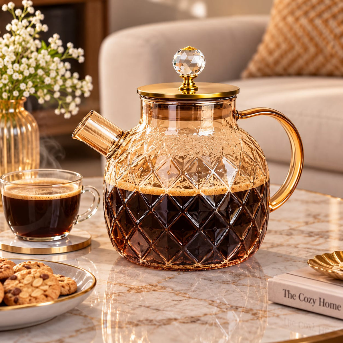 Premium Textured Glass Tea Kettle with Golden Finish & Crystal Knob