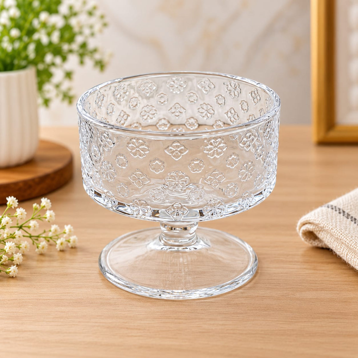 Elegant Floral Embossed Glass Ice Cream Bowls – Set of 6