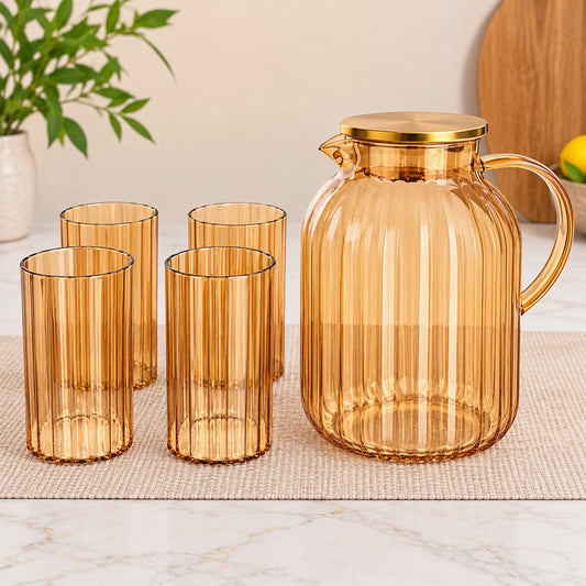Amber Glass Water Jug & 6-Piece Glass Tumbler Set