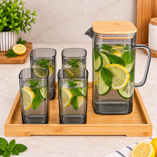 7-Piece Glass Water Jug Set with Bamboo Tray