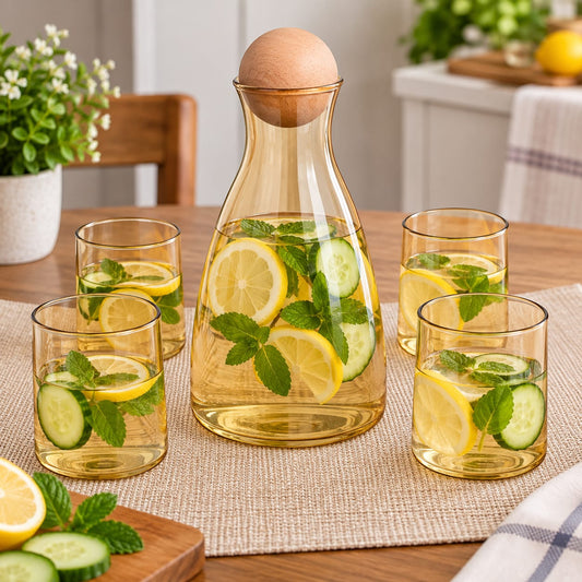 Amber Glass Water Carafe & 6-Piece Tumbler Set with Wooden Lid