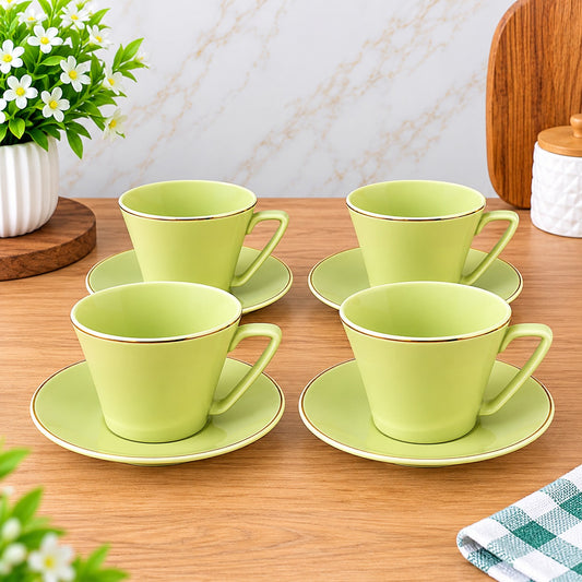 Green Tea Cup & Saucer Set with Golden Rim – Set of 6
