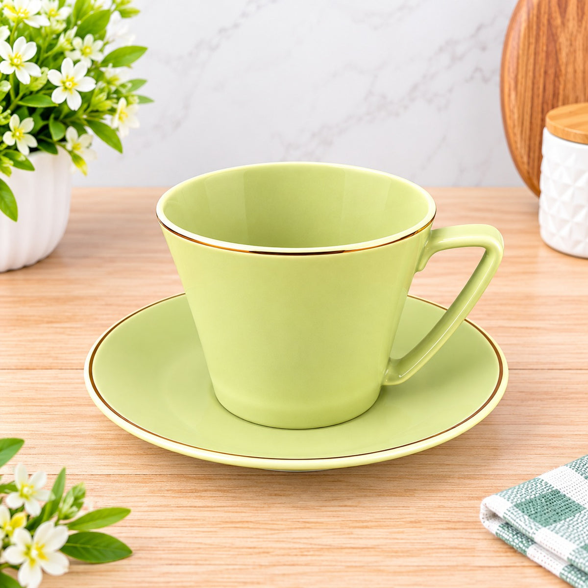 Green Tea Cup & Saucer Set with Golden Rim – Set of 6