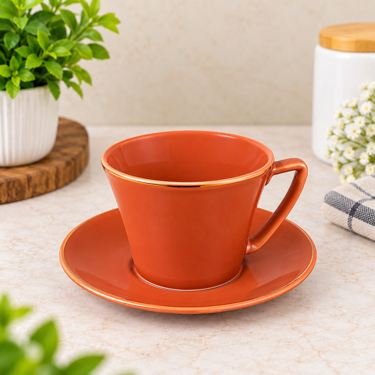 Orange Tea Cup & Saucer Set with Golden Rim – Set of 6
