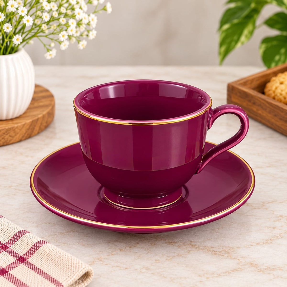 Burgundy Tea Cup & Saucer Set with Golden Rim – Set of 6