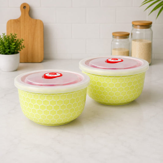 Premium Yellow Honeycomb Design Food Storage Container Set – 2 Pcs | Round Storage Bowls with Transparent Lids & Air Release Valves