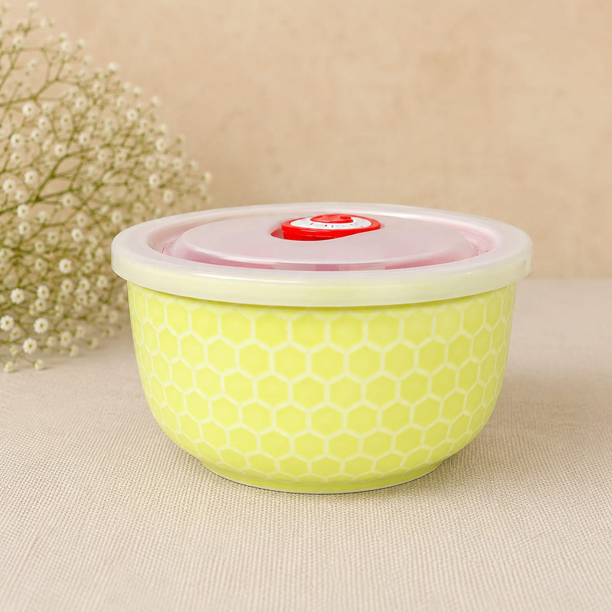Premium Yellow Honeycomb Design Food Storage Container Set – 2 Pcs | Round Storage Bowls with Transparent Lids & Air Release Valves