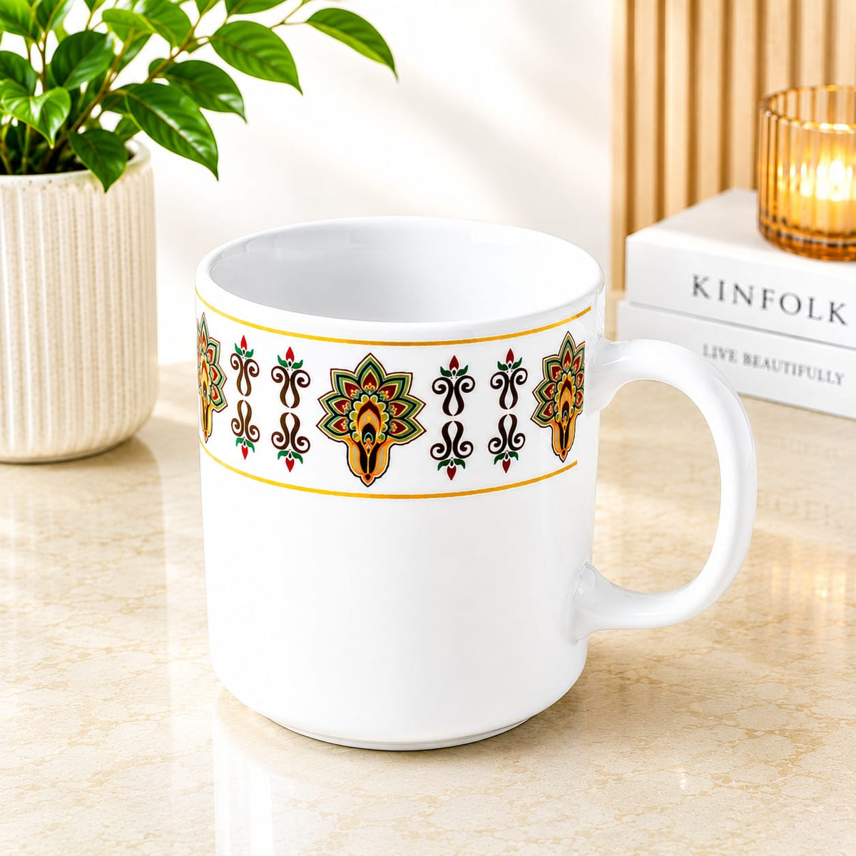 6-Piece White Tea & Coffee Mug Set with Traditional Printed Design