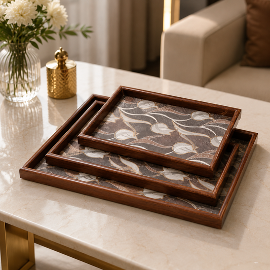 Premium Wooden Serving Tray Set – 3 Pcs | Elegant Brown Leaf Print Rectangular Trays with Decorative Wooden Borders