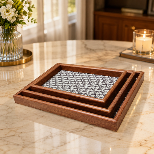 Premium Wooden Serving Tray Set – 3 Pcs | Elegant Dark Brown Rectangular Trays with Black & White Geometric Pattern