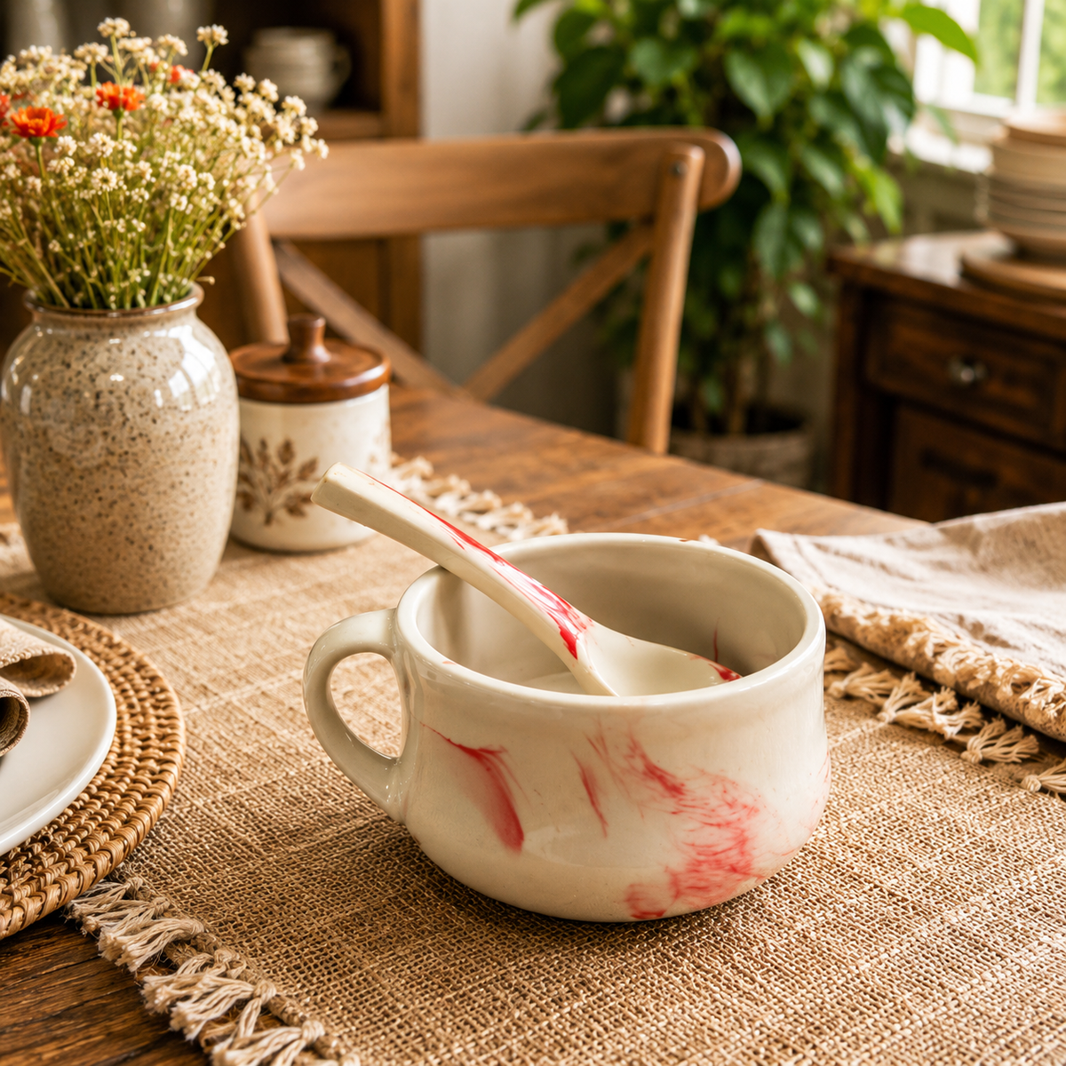 Premium Pink & White Marble Design Soup Bowl Set with Matching Spoons – 4 Pcs | Elegant Serving Bowls