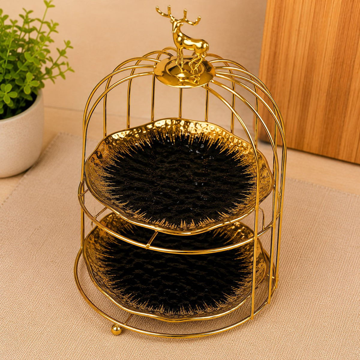 Premium 2-Tier Black & Gold Serving Stand with Deer Topper | Elegant Snack & Dessert Platter