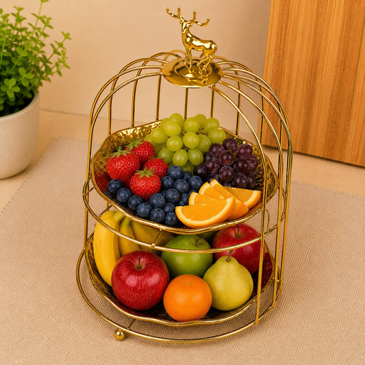 Premium 2-Tier Black & Gold Serving Stand with Deer Topper | Elegant Snack & Dessert Platter