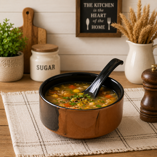 Premium Brown & Black Soup Bowl Set with Spoons – 12 Pcs (6 Bowls + 6 Spoons)