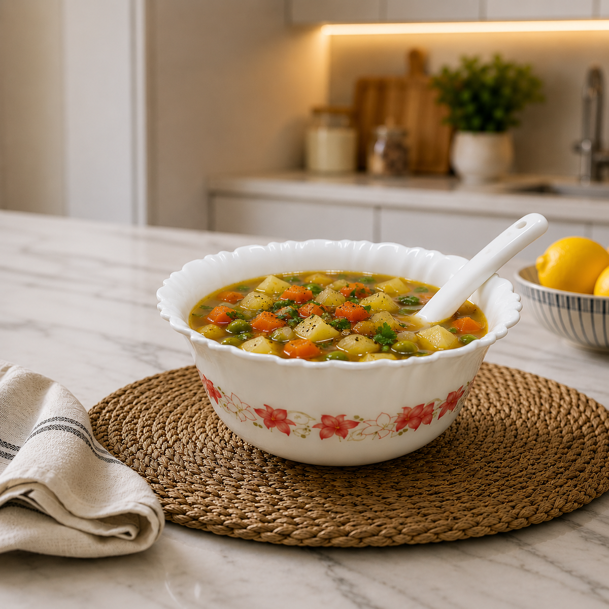 6-Piece Floral Soup Bowl Set with 6 Matching Spoons