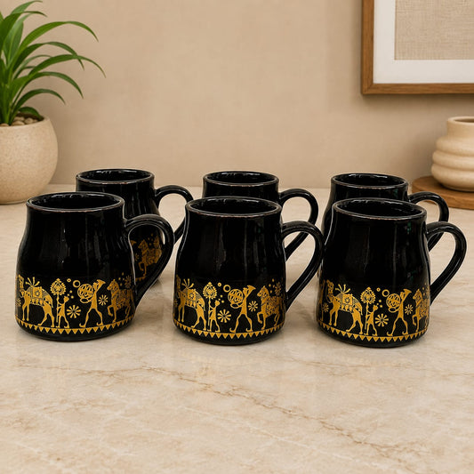 Premium 6 Pcs Black & Gold Tribal Art Ceramic Coffee Mug Set | Luxury Warli Design Tea & Coffee Cups