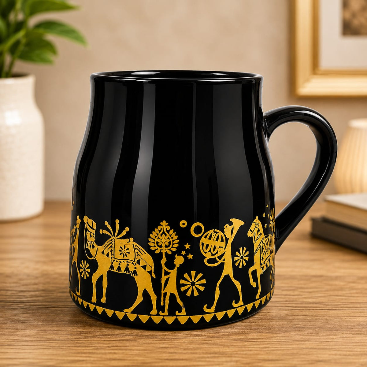 Premium 6 Pcs Black & Gold Tribal Art Ceramic Coffee Mug Set | Luxury Warli Design Tea & Coffee Cups