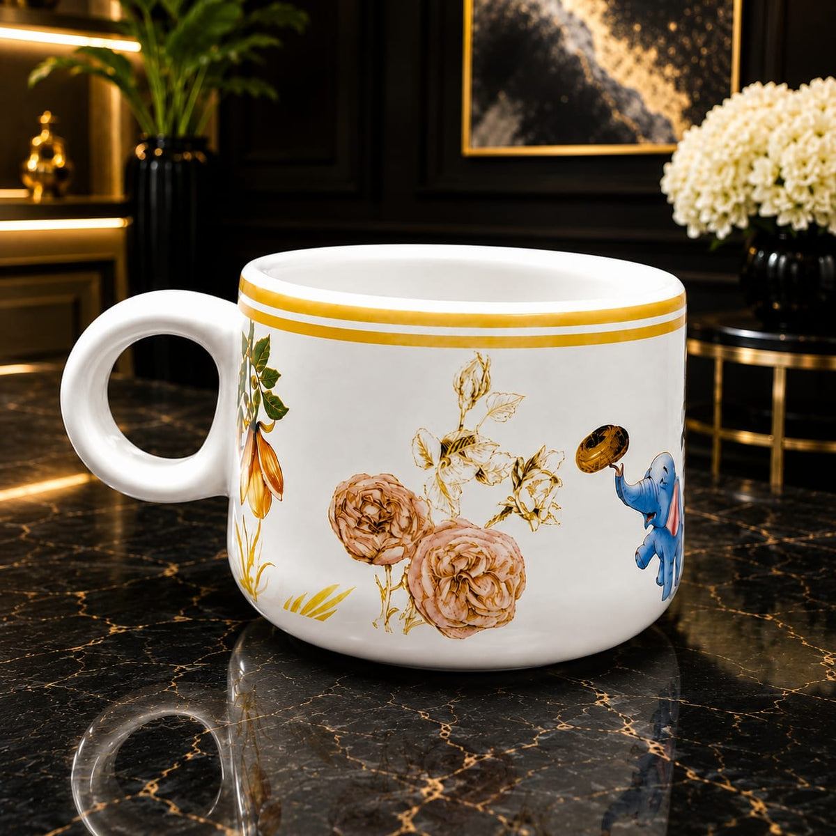 Premium Floral Printed Tea & Coffee Cup Set – 6 Pieces | Elegant White Cups with Golden Rim