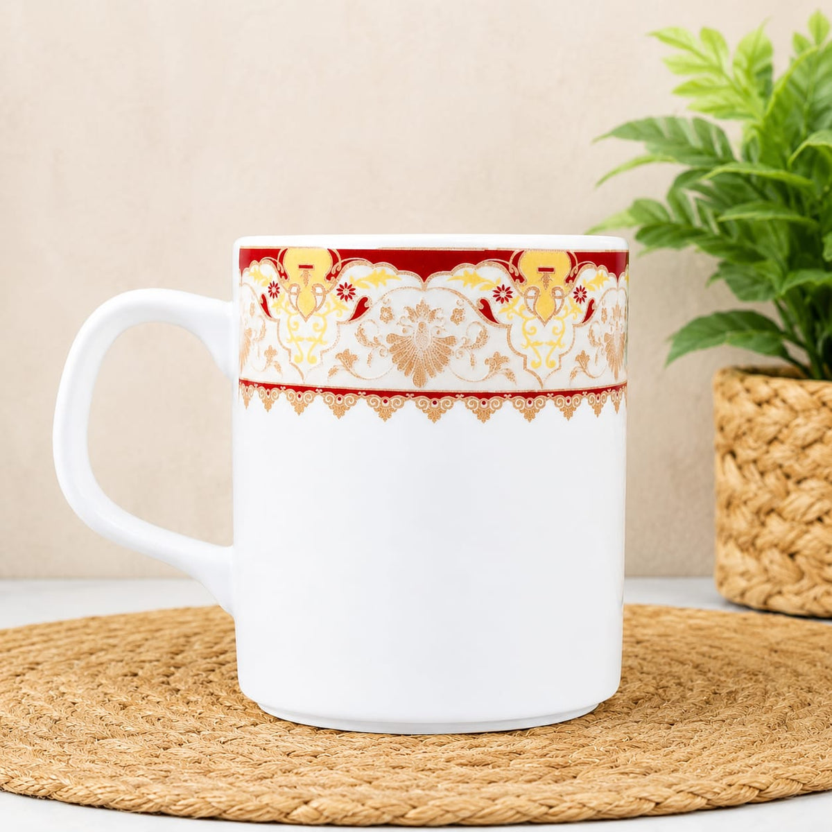 6-Piece White Tea & Coffee Mug Set with Ornamental Border Design