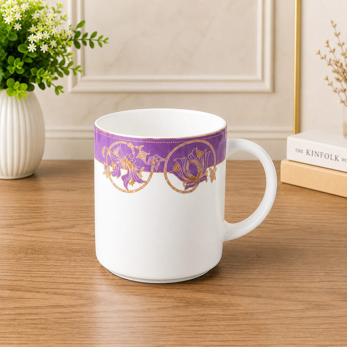 6-Piece White Tea & Coffee Mug Set with Purple Gold Floral Border