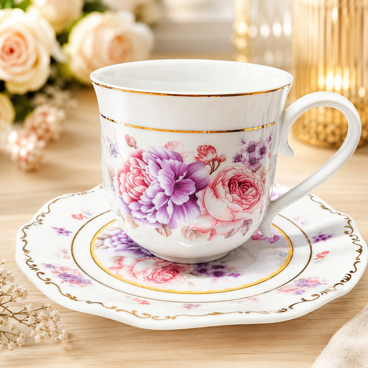 12-Piece Floral Tea Cup & Saucer Set with Gold Detailing